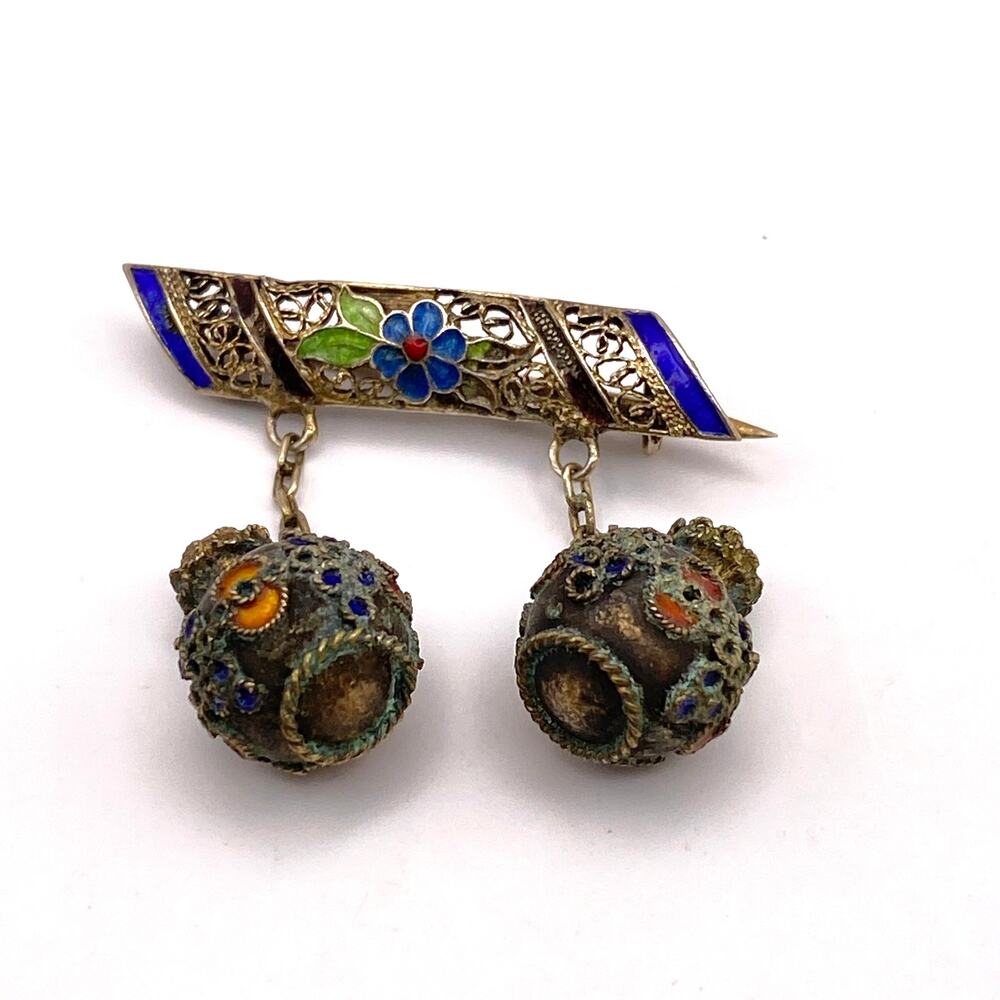 Antique Chinese Sterling Silver Enamel Filigree Dangling Censer Brooch Pin